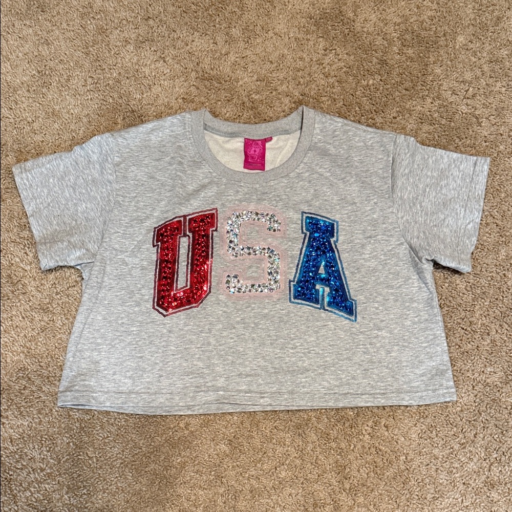 QUEEN OF SPARKLES Gray Crop Top with USA Sequin Design